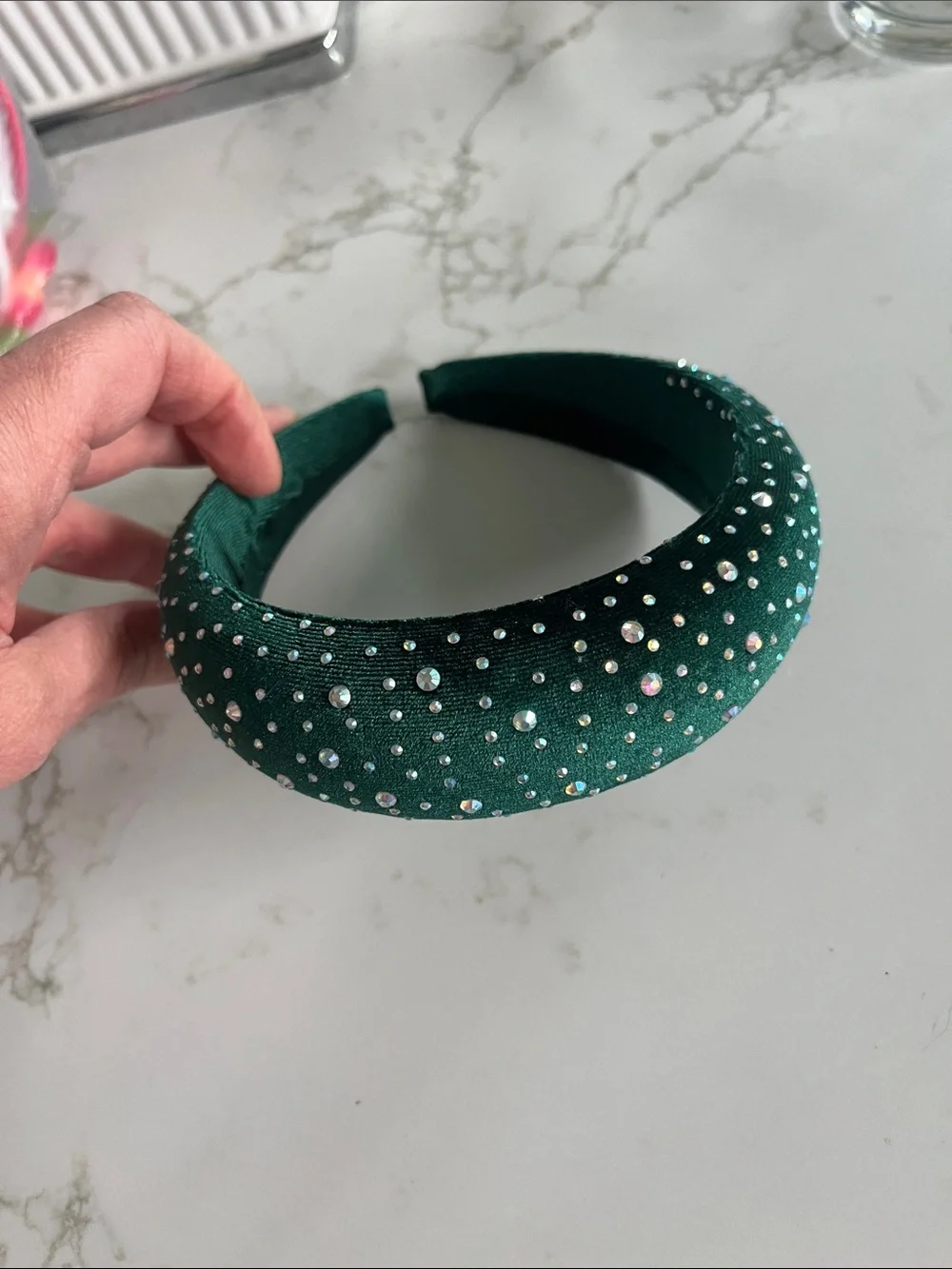 Green Padded Headband with Crystal Accents